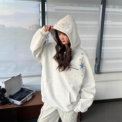 美式国潮牌雪花星星刺绣情侣连帽卫衣男女秋冬简约宽松设计感外套