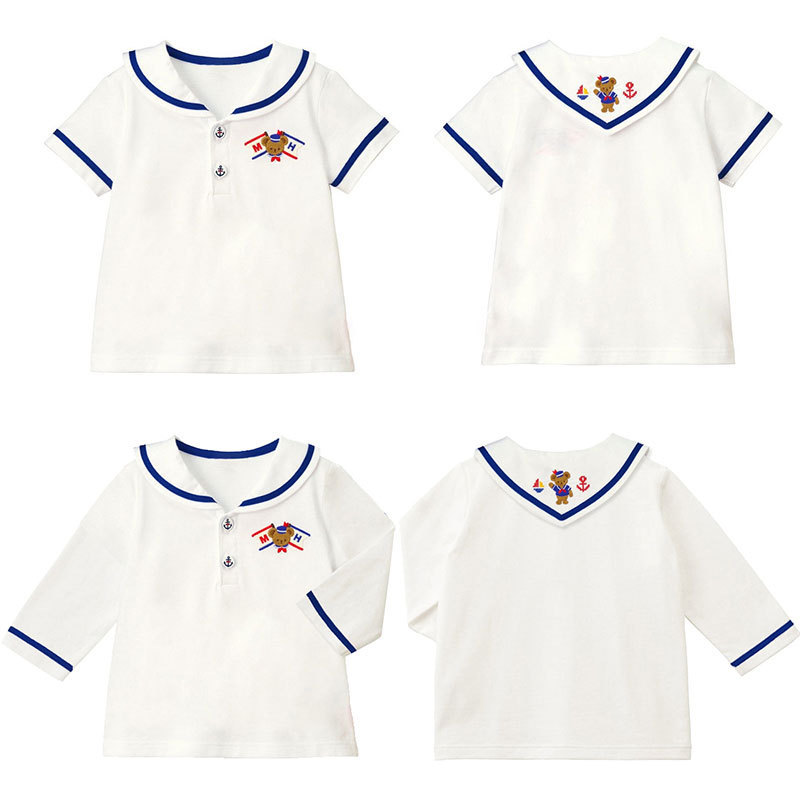 Long-sleeved interior men's and women's children's cartoon navy bear embroidery navy collar short-sleeved shirt polo shirt