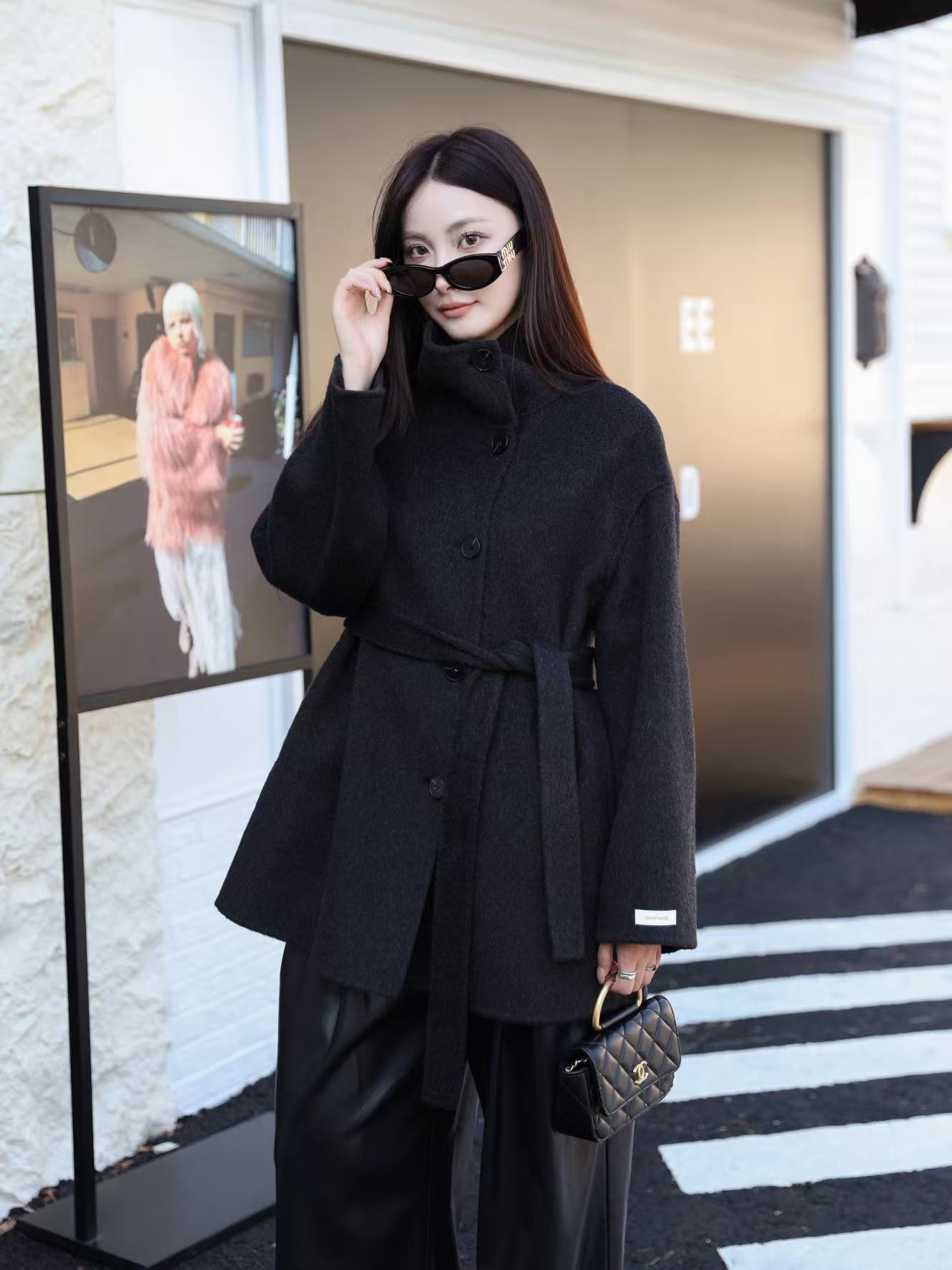 カシミヤバージョンにアップグレード!スタンドカラー、シングルボタン、紐付き、新作両面ウールコート、レディースショート丈、小柄な方向け、25秋冬