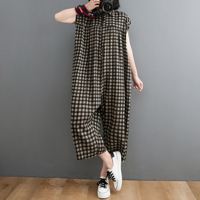 Real shot new pattern lattice Nine points Jumpsuits literature Easy Large leisure time one-piece garment