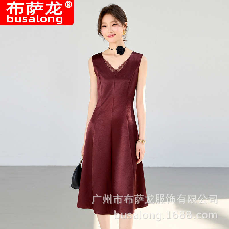 2026 Spring and Summer New Style Black Satin Dress, Feminine and Goddess-Like, Sleeveless, Versatile V-Neck Waist-Cinching Tank Dress