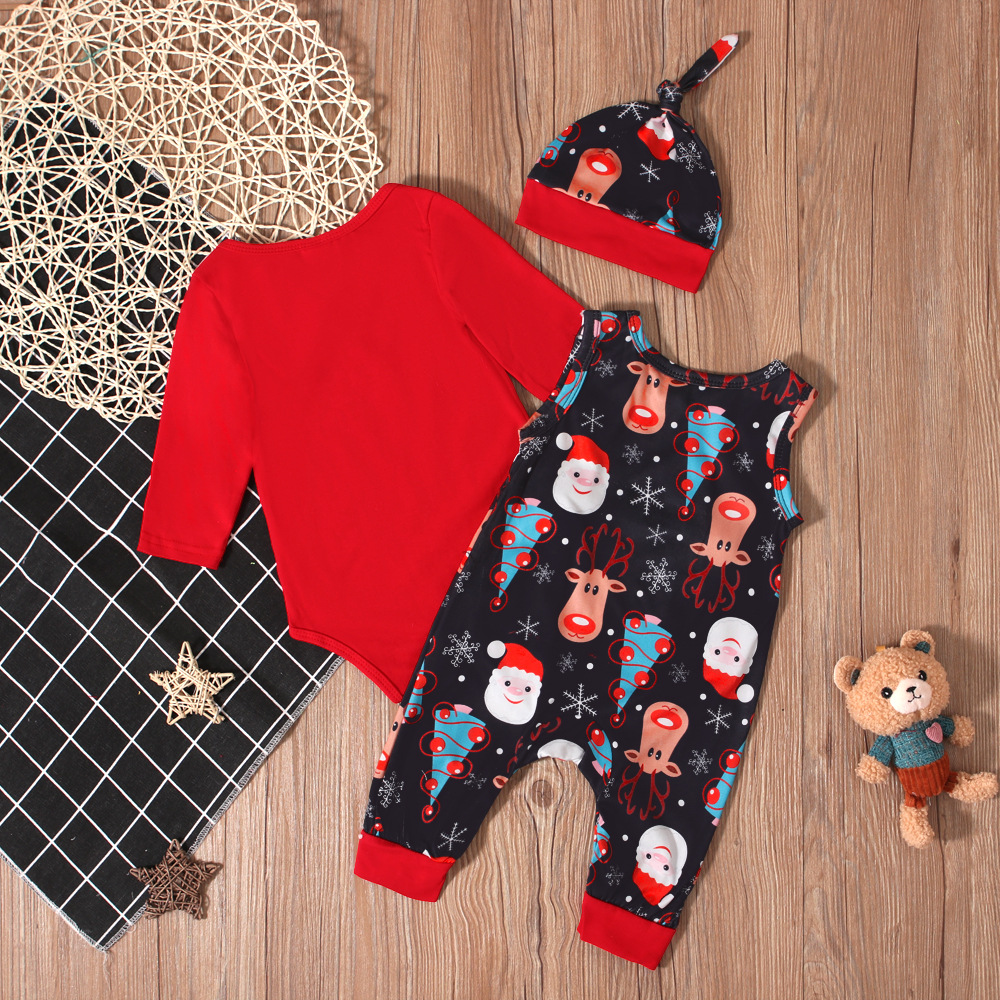 Natale Bambini primavera e autunno Natale vestito bretelle + tuta triangolare da arrampicata + cappello tre pezzi abbigliamento per bambini ins_voghion.com