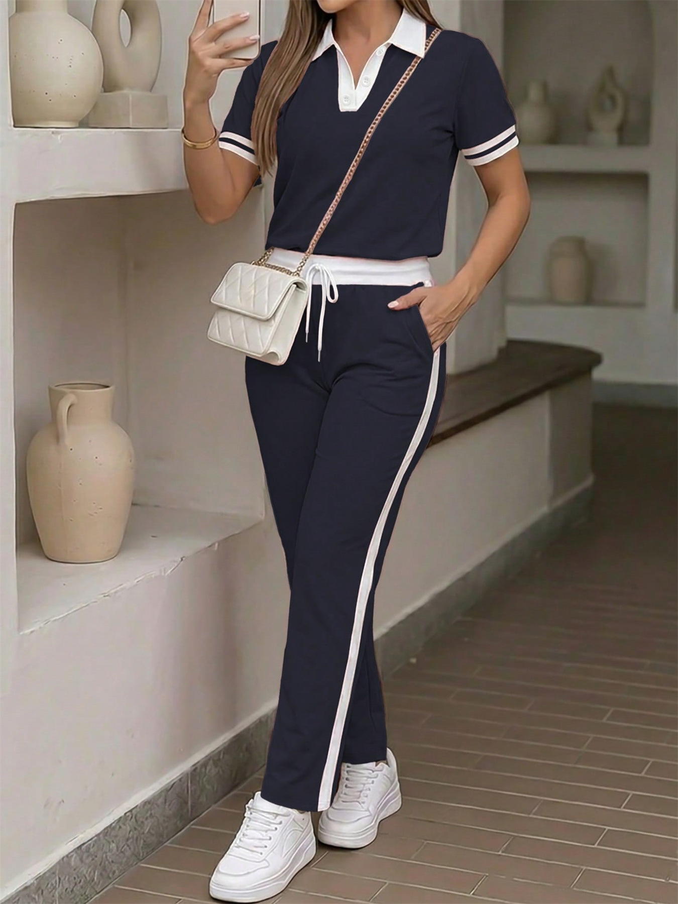 Women's Casual Color Block Polo Neck Top with Striped High-Waisted Drawstring Trousers Set Comfortable Summer Pant Set_ecoleips.com