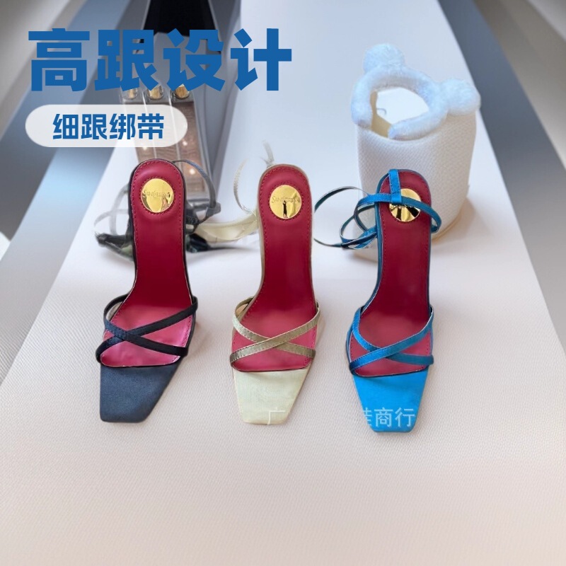 Ys25 Spring and Summer New Cross-Strap Square-Toe One-Strap Sandals with Letter Heels and Open-Toe High-End Elegant High-Heeled Shoes