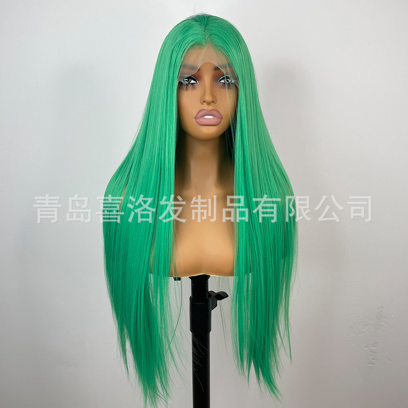 European and American style foreign trade 13x 4 front lace wig copper green long straight hair high temperature silk natural hairline chemical fiber wig