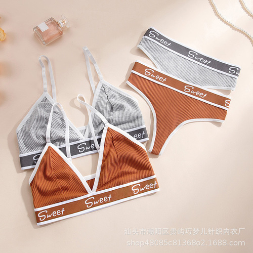 Sexy European and American triangle cup underwear thong bikini plus-size fitness yoga sports bra set for women