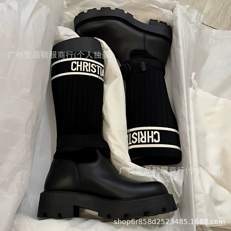 High-Quality~D Brand Embroidered Letter Knit Elastic Sock Boots 2025 New Style Chunky Heel Black and White Color-Blocking High-Tube Slim Boots High-Quality~D Brand Embroidered Letter Knit Elastic Sock Boots 2025 New Style Chunky Heel Black and White Color-Blocking High-Tube Slim Boots