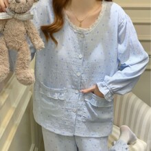 云朵棉睡衣女带胸垫春秋季韩系清新波点花边开衫长袖家居服两件套