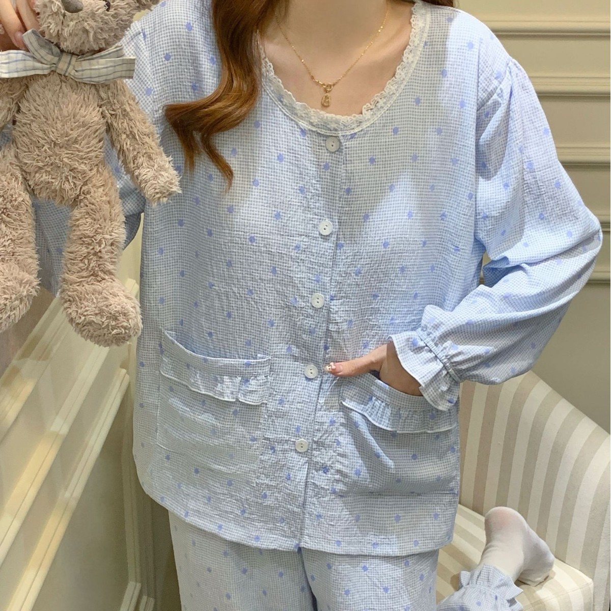 云朵棉睡衣女带胸垫春秋季韩系清新波点花边开衫长袖家居服两件套