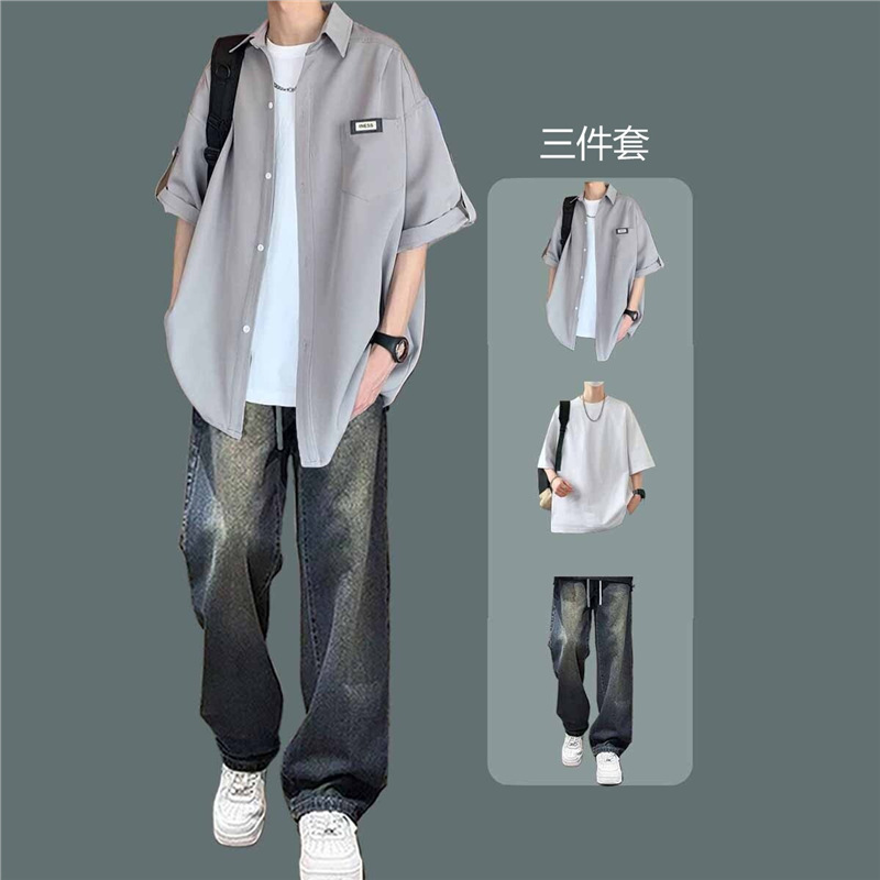 Gray shirt + short t white + jeans blue 3-piece set