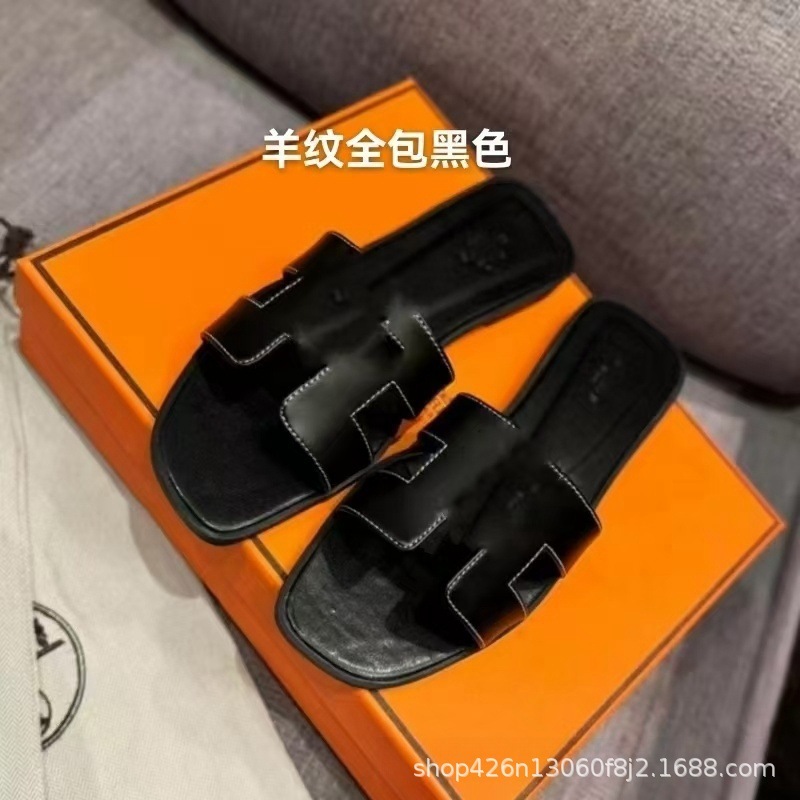 外贸经典款H家拖鞋女夏季高版本休闲一字型羊皮平底拖鞋批出货快|undefined
