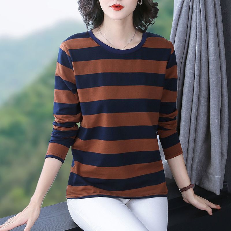 Striped Plus-Size Long-Sleeve T-Shirt for Women, 2023 New Style, Spring and Autumn Top, Loose Fit, Mom's Base Shirt, Round Neck