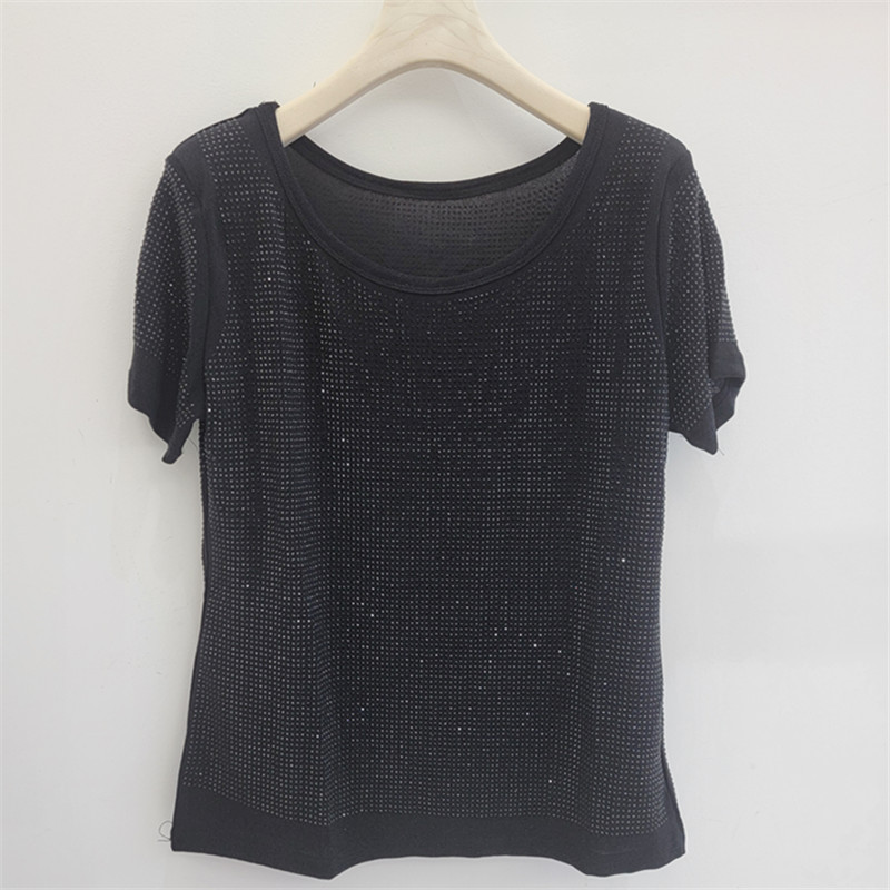 2026 verano lleno de diamantes brillante camiseta de base de mangas cortas de alta elasticidad camiseta de moda delgada ropa de mujer image 3