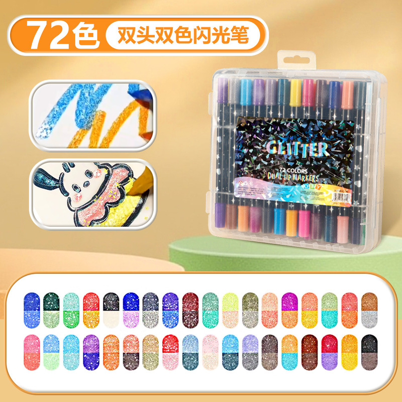 Temu ホット販売双頭 2 色グリッターマーカーペン DIY ソフトヘッド絵画グリッターペン学生キーマーカーペン|undefined