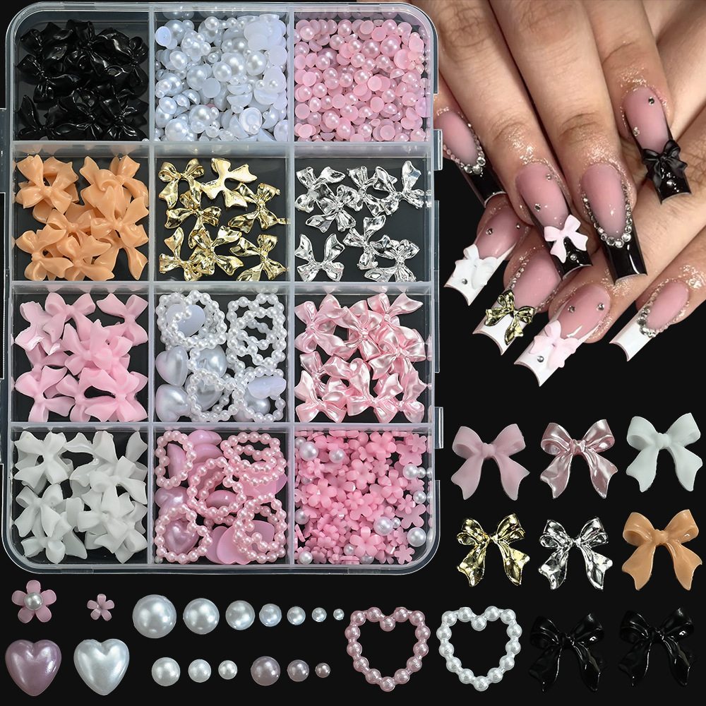 12 Grids Bow Heart Pearl Nail Art Jewelry Butterfly Bear Petals Snowflake Set Nail Art Decoration Accessories