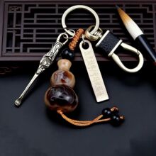 中国风十二生肖牦牛角葫芦钥匙扣防丢刻字电话牌皮革生肖钥匙扣