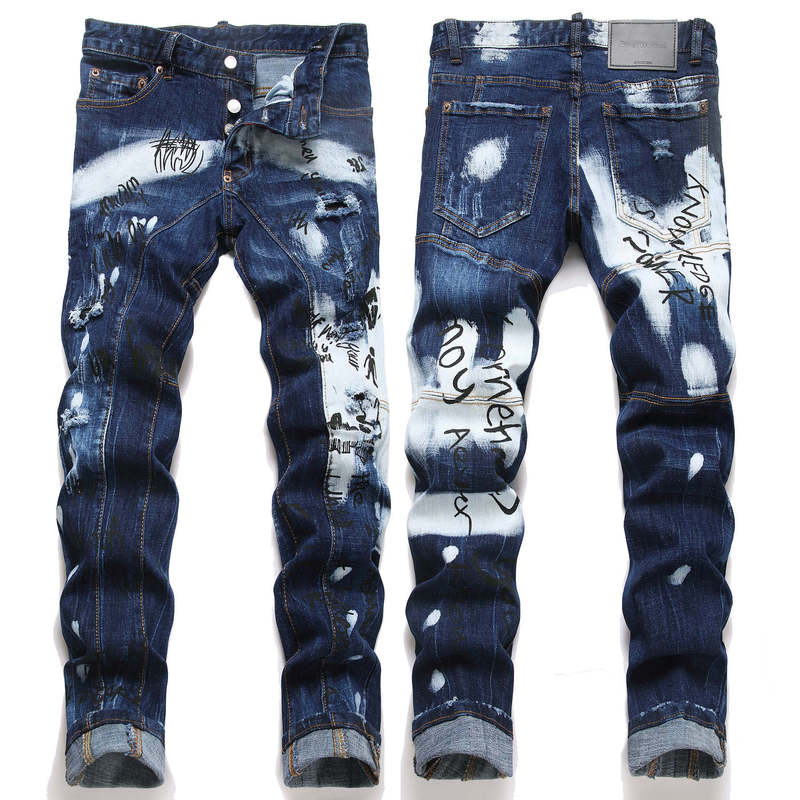 Dsq136 Trendy Foreign Trade Brand Men's Mid-Waist Slim-Fit Skinny Jeans with Distressed Handmade Punk-Style Print