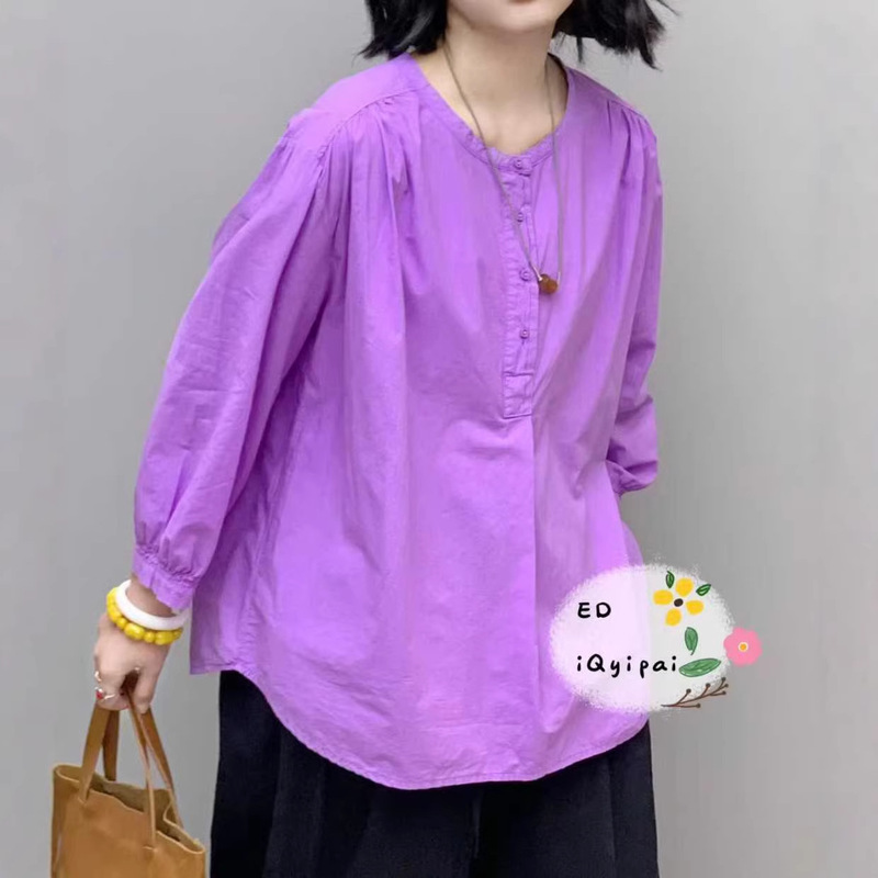 Ed88080 Sand-Washed Pima Cotton Loose Artistic Round-Neck Open-Front Shirt 2026 Early Spring Casual Base Shirt for Women Ed88080 Sand-Washed Pima Cotton Loose Artistic Round-Neck Open-Front Shirt 2026 Early Spring Casual Base Shirt for Women