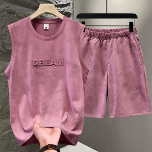 Tie-Dye Men's Short-Sleeved Shorts Set 2025 New Summer Concave-Convex Steel Stamp Sports t Vest Sleeveless T-Shirt Men's Clothing