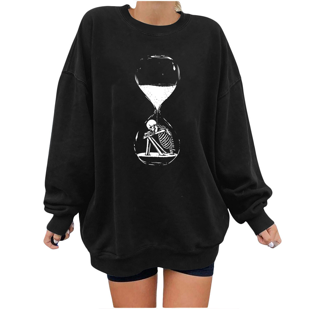 Halloween Sanduhr Skelett Fleece Rundhals Pullover Tropfen Schulter Langarm Herbst/Winter Warm Top Unisex_voghion.com