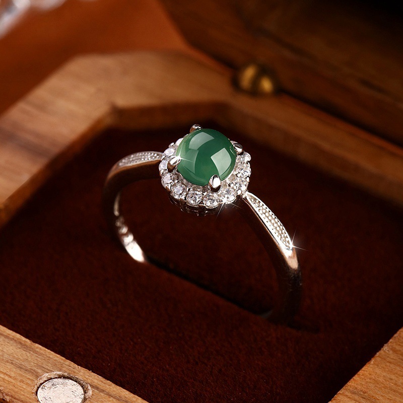 S925 anillo de fideos de huevo de plata esterlina femenino jade natural material peligroso tipo de hielo sensación de frío nuevo anillo chino transmisión en vivo femenino al por mayor