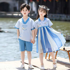 厂家直销演出服校服儿童节表演服装中小学生中国风短袖汉服古风