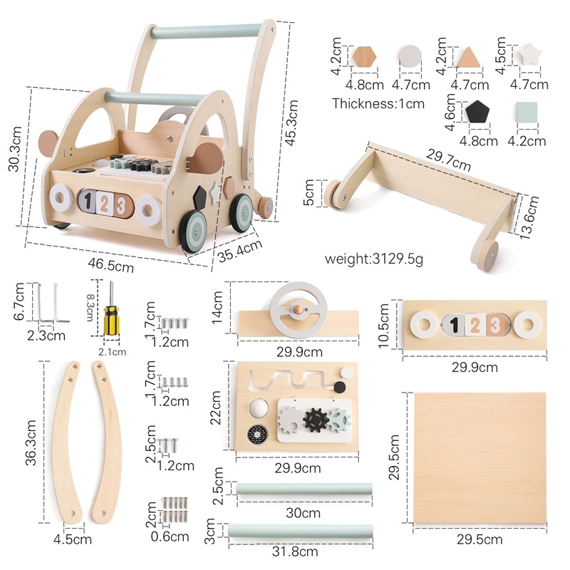 Cochecito multifuncional para niños anti-vuelco para niños, juguete de combinación de formas de rompecabezas para bebés de madera, andador para aprender a caminar