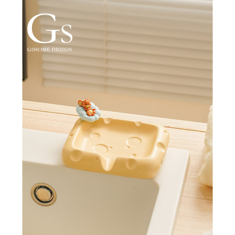 Gs Ceramic Cheese Soap Dish with Drainage for Bathroom Sink, High-Value, Luxurious, Easy-To-Clean Soap Holder