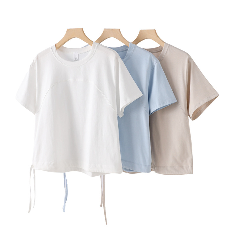 Hem Drawstring Right Shoulder Short-Sleeved T-Shirt 2025 Summer New Slimming Look Top Hem Drawstring Right Shoulder Short-Sleeved T-Shirt 2025 Summer New Slimming Look Top
