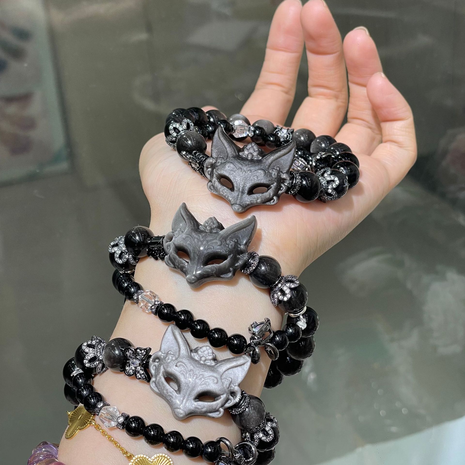 Natural Obsidian Double-loop Bracelet With Silver Fox For Women_voghion.com