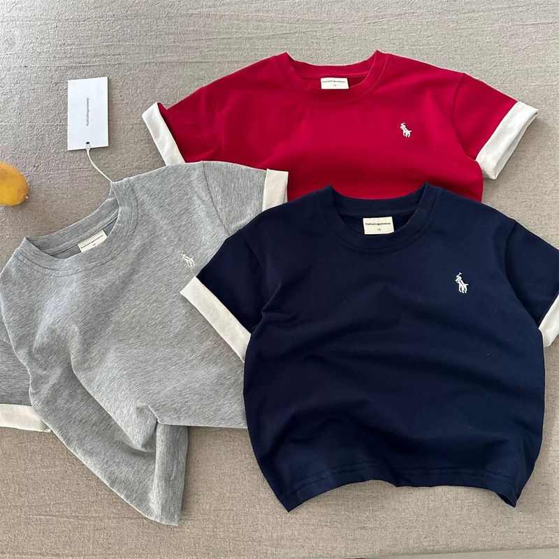 Children's Class a Short-Sleeved 2025 Summer Boys Japanese Style Style Horse Logo Contrast T-Shirt Baby Half-Sleeved Tops for Small and Medium-Sized Kidsren Wholesale
