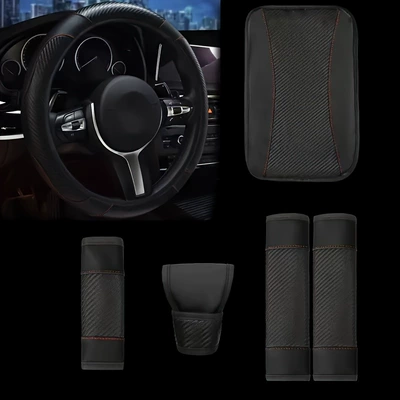 Cross-Border Foreign Trade Specializes in Supplying a 6-Piece Car Interior Set: Steering Wheel Cover, Shoulder Protector, Gear Shift Cover, Handbrake Cover, Armrest Pad (Sürətlər qutusu və əl tormozu başlıqları) - black-6-piece-set
