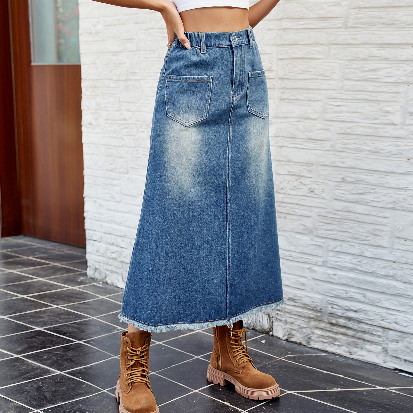 Women's Denim Skirt Raw Edge Mid Length Summer Spring Skirt_voghion.com