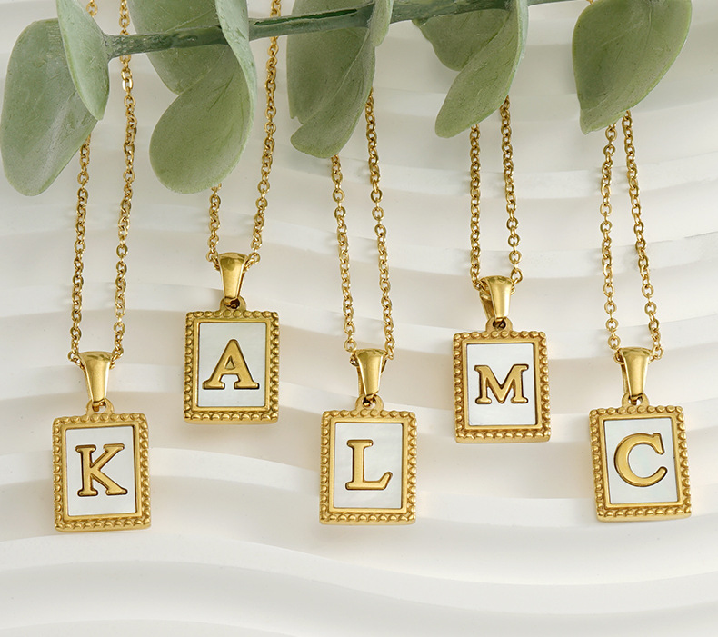 8g Weight PVD Coated Gold Plating Process Fashion Letter Titanium Steel Inlay Shell Pendant Necklace 1 Piece