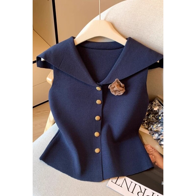 French-Style Navy Collar Sleeveless Vest for Women, Summer 2025 New Model, High-End Three-Dimensional Floral Design, Stylish and Slimming Top
