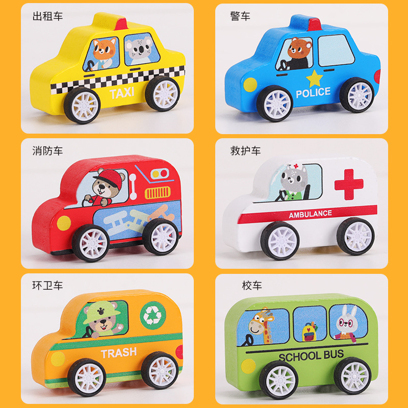 La linda y divertida serie de autos de retorno para niños es rica en color, la diversión de la tracción trasera se duplica, juguetes educativos de madera para la educación temprana