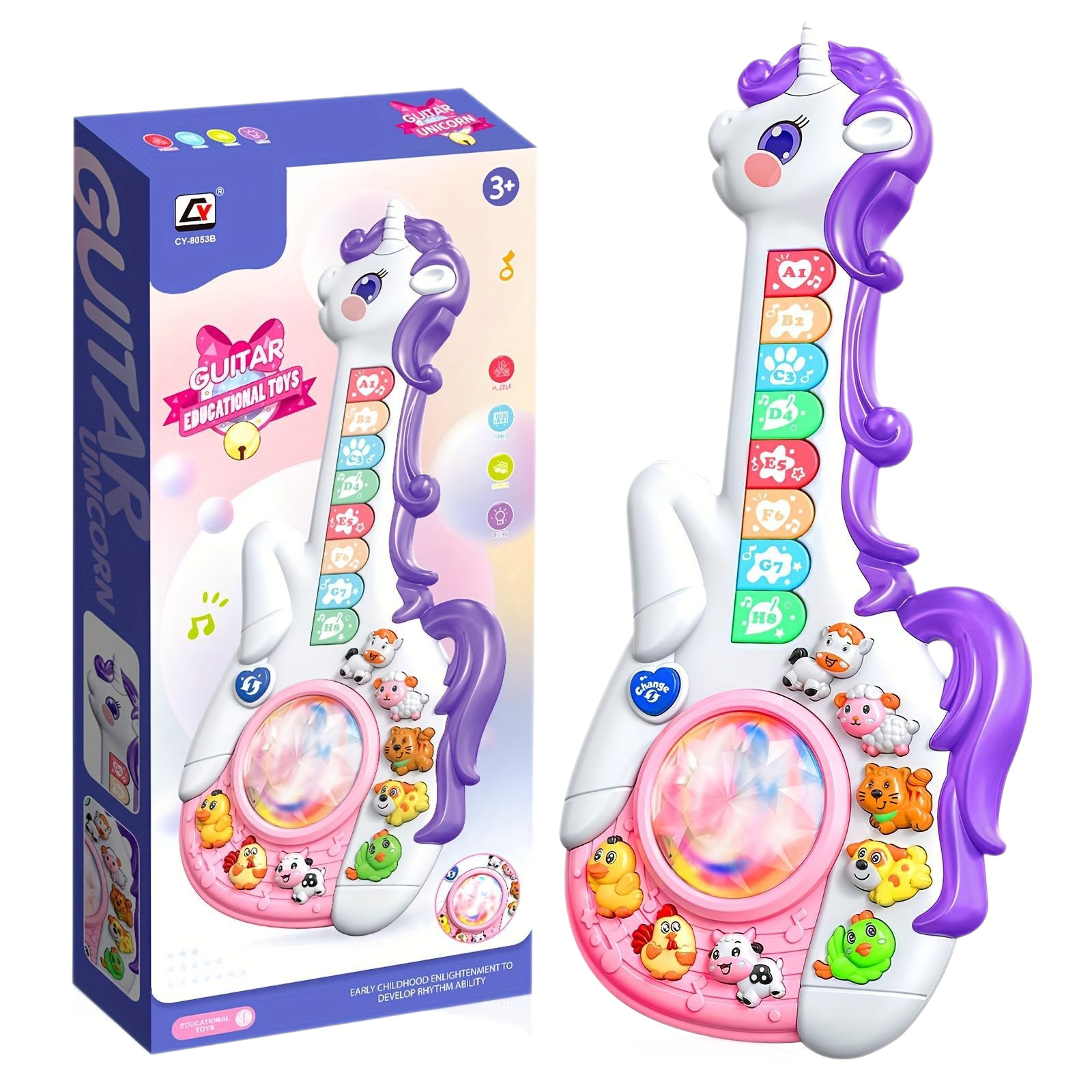 Unicornio de dibujos animados transfronterizos guitarra electrónica puzzle juguetes multifuncionales para la iluminación de la música sonora y óptica instrumentos musicales de educación temprana