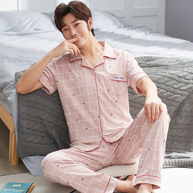 Pijamas de hombre ropa de verano 100% algodón pantalones de manga corta chaqueta juvenil traje de homewear delgado de mediana edad