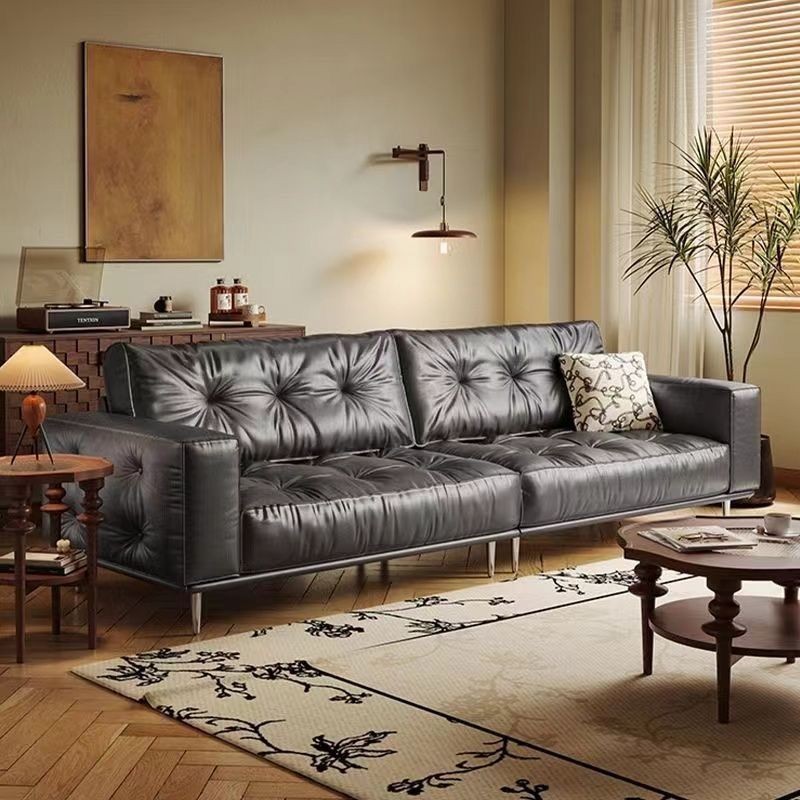 Designer's New Mid-Century Style Oil Wax Leather French Retro Genuine Leather Small Apartment Brown Living Room Home Straight Sofa 4