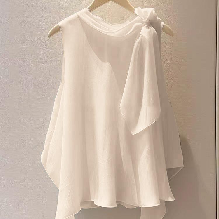 ユニークで美しい、ハイエンドでシックなフレンチトップレッドノースリーブシャツ2025新しい女性の夏|undefined