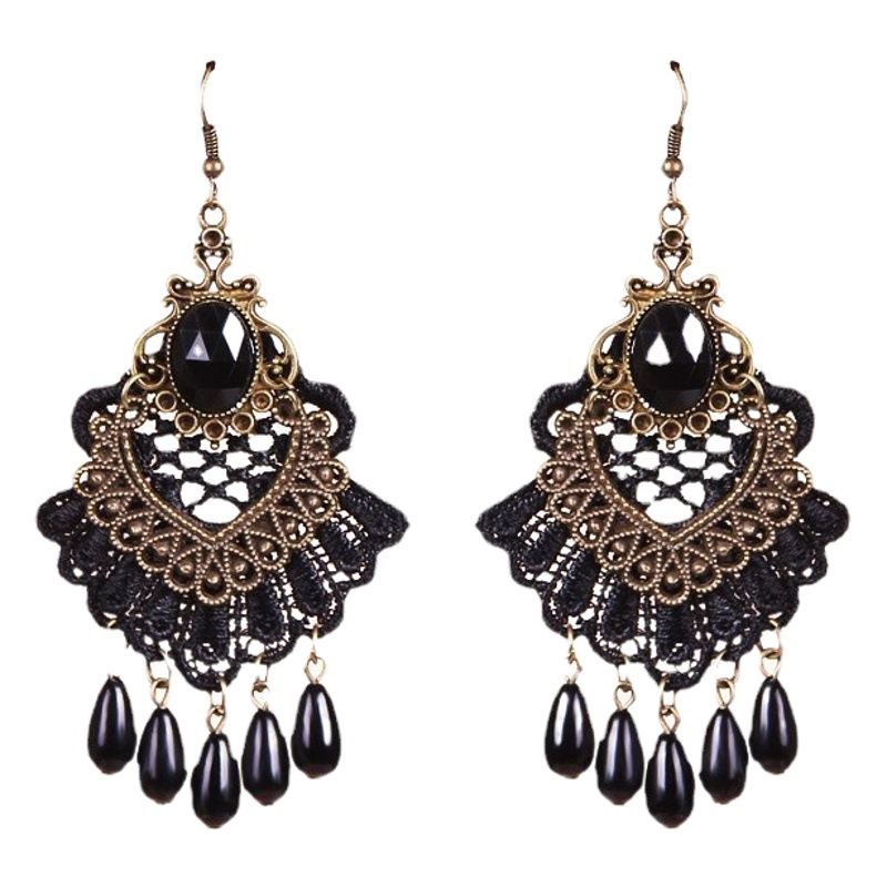 Cross-Border Wholesale Retro Black Lace Earrings Bohemian Style Tassel Pendant Earrings Foreign Trade In-Stock Items