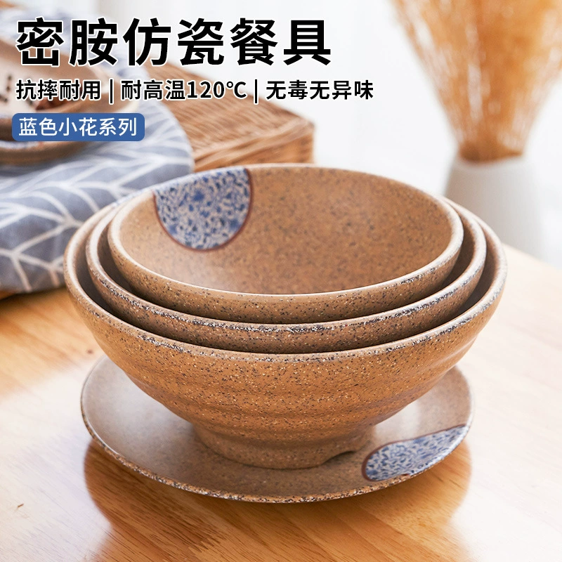 Пищевая искусственная фарфоровая меламиновая матовая тарелка ретро синий маленький цветочный набор посуды круглый суп миска с рисом длинная тарелка