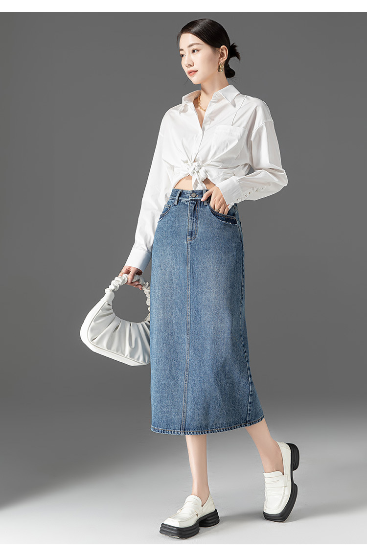 Chân váy denim lưng cao nữ dáng A xẻ tà — Màu xanh lam nhạt chi tiết 10