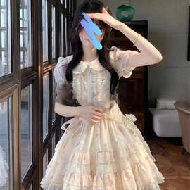 早秋浅杏碎花连衣裙女 娃娃领泡泡袖系带收腰蛋糕裙