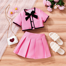 外贸欧美夏季韩系可爱热销女童套装小香风纯色短袖配百褶裙两件套