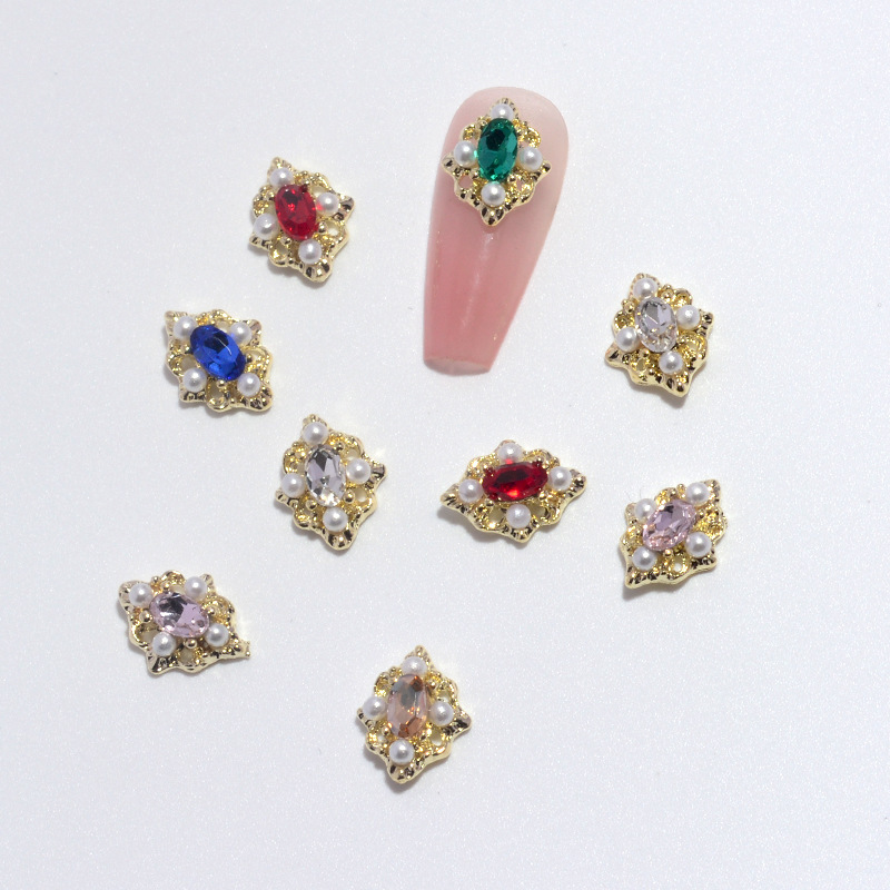 Cross-Border Buccellati Alloy Nail Art Accessories, Imperial Court Four-Leaf Clover Inlaid with Pearls and Diamonds, Rhombus-Shaped Nail Decorations Cross-Border Buccellati Alloy Nail Art Accessories, Imperial Court Four-Leaf Clover Inlaid with Pearls and Diamonds, Rhombus-Shaped Nail Decorations