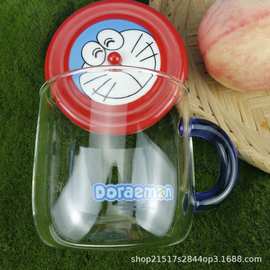厂家直销 可爱哆啦A梦玻璃水杯创意卡通咖啡牛奶杯带陶瓷杯垫杯盖