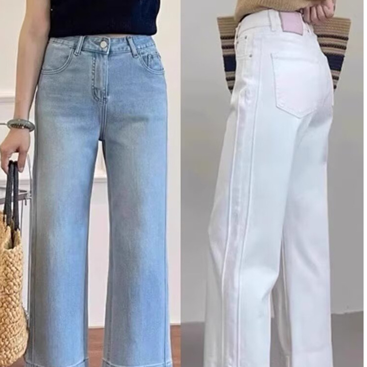 Light Blue High-Waisted Cropped Straight-Leg Jeans for Women, 2025 Spring New Plus-Size Loose Wide-Leg Pants for Curvy Figures