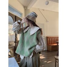 小个子穿搭减龄套装女春季2026娃娃领长袖衬衫叠穿针织马甲三件套