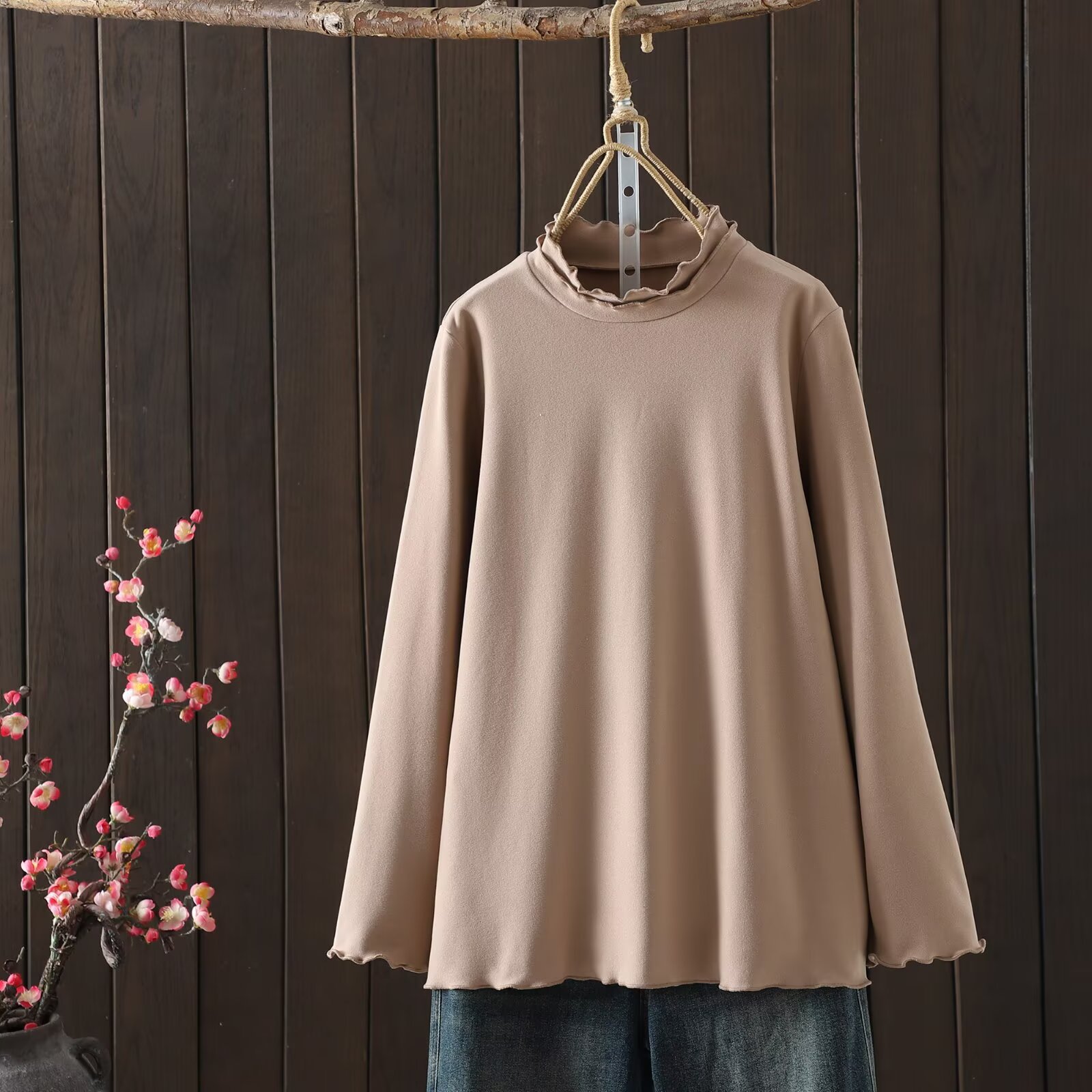 Derong Long-Sleeved Bottoming Shirt 2025 Winter New Age-Reducing Inner Wear Pure Color Fungus Edge Top Women's T-Shirt Japanese and Korean